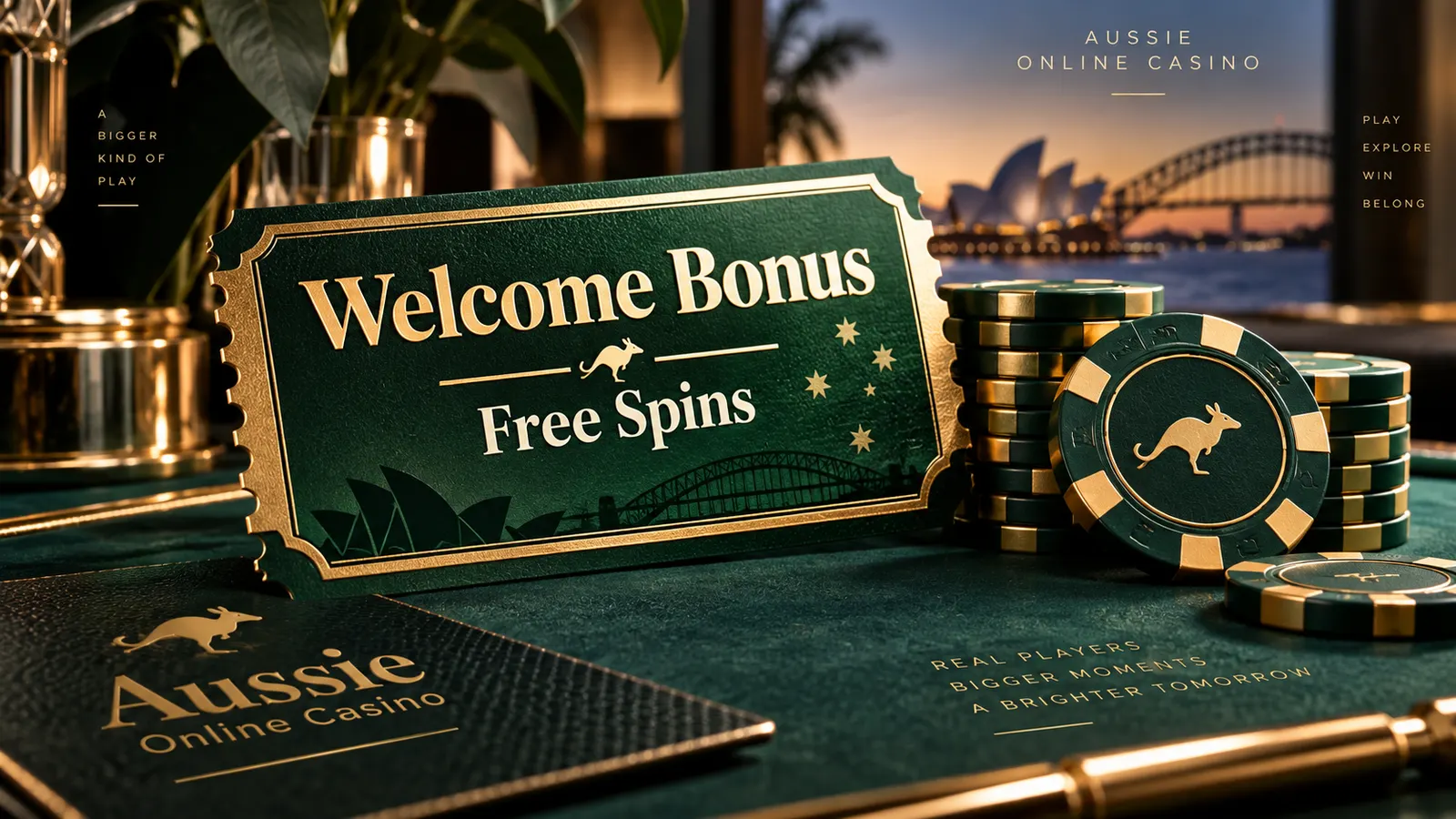 Aussie Online Casino branded welcome bonus ticket with gold chips