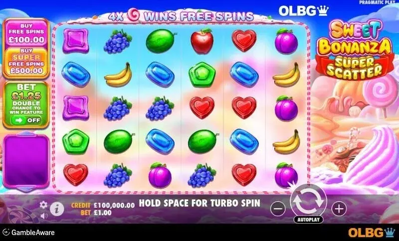 Sweet Bonanza Super Scatter game display, view 1