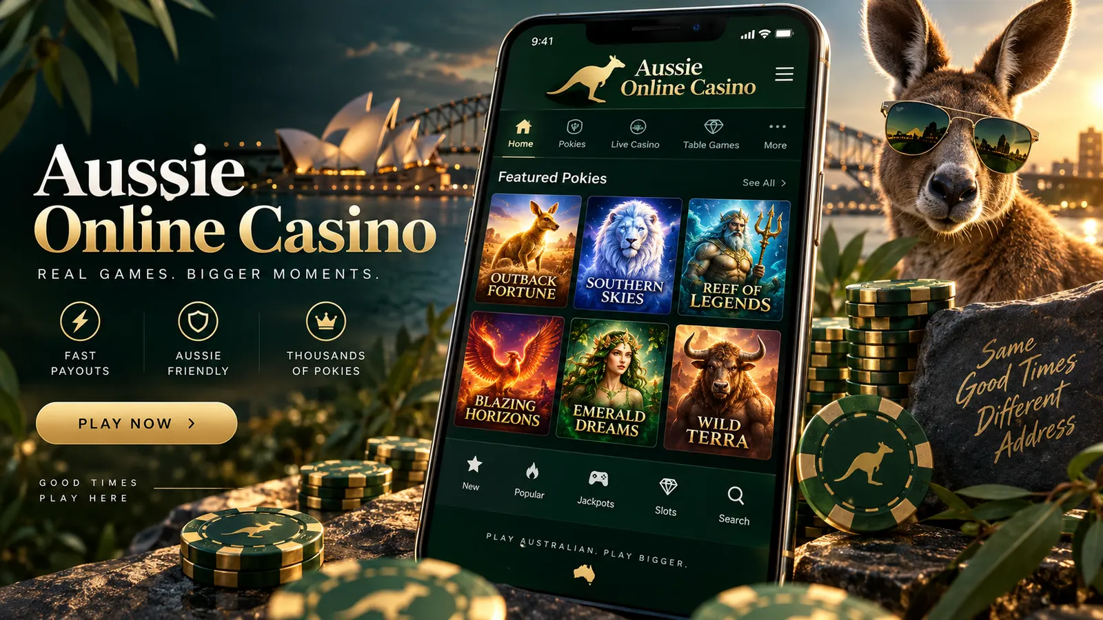 Aussie Online Casino phone mockup with popular mythic pokies jackpot theme