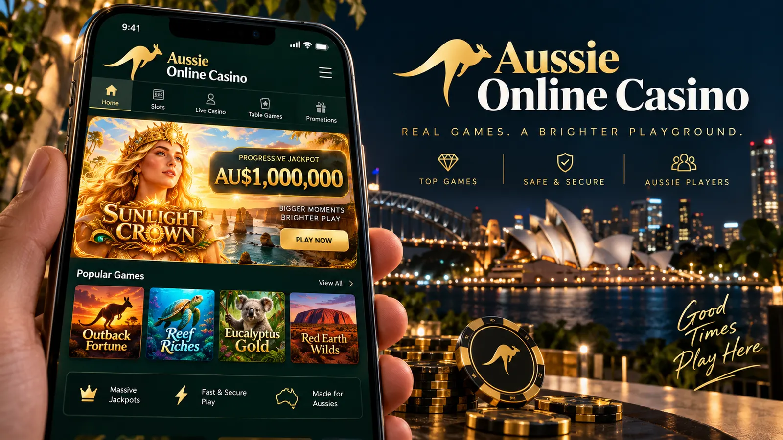 Aussie Online Casino branded phone interface with Sunlight Crown slot and AU$1,000,000 jackpot