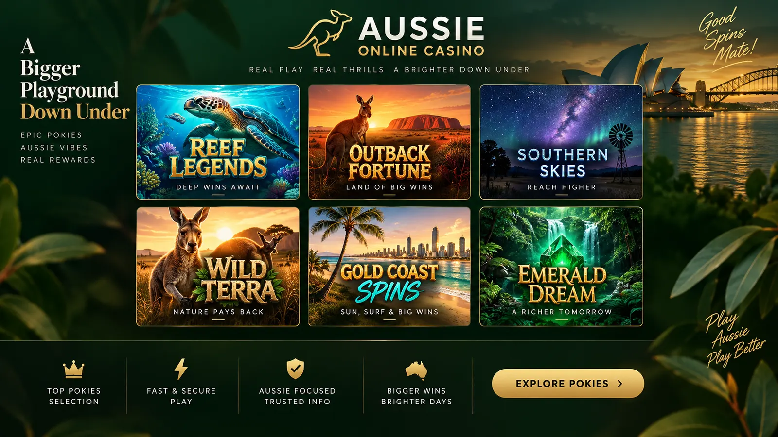 Aussie Online Casino branded gallery of trending Australian pokie tiles