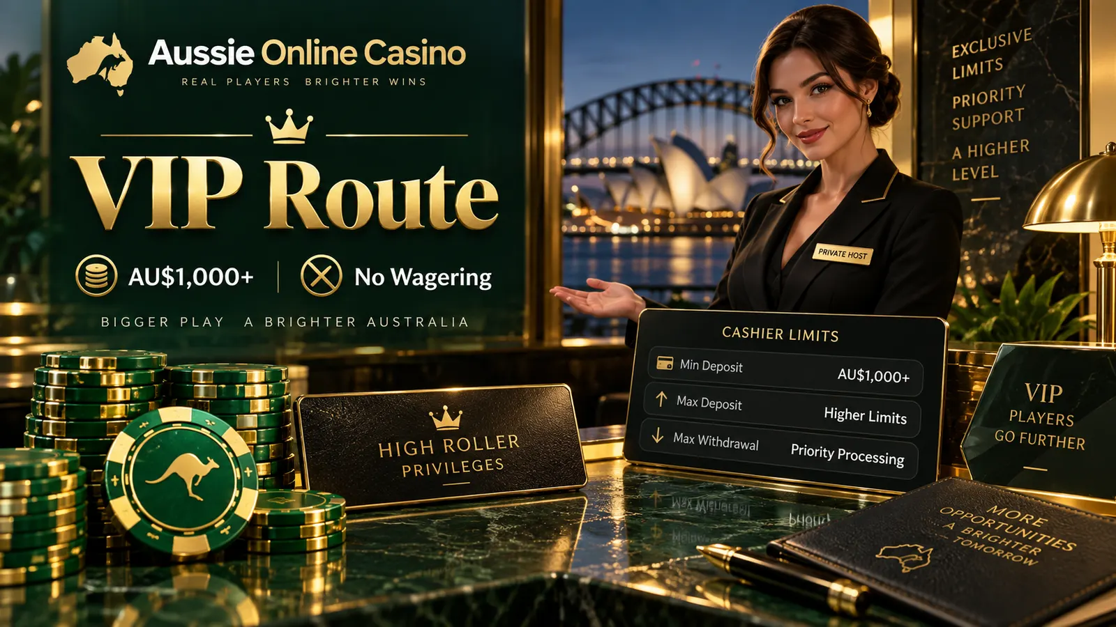 Aussie Online Casino VIP limits card with premium chips and mobile casino dashboard